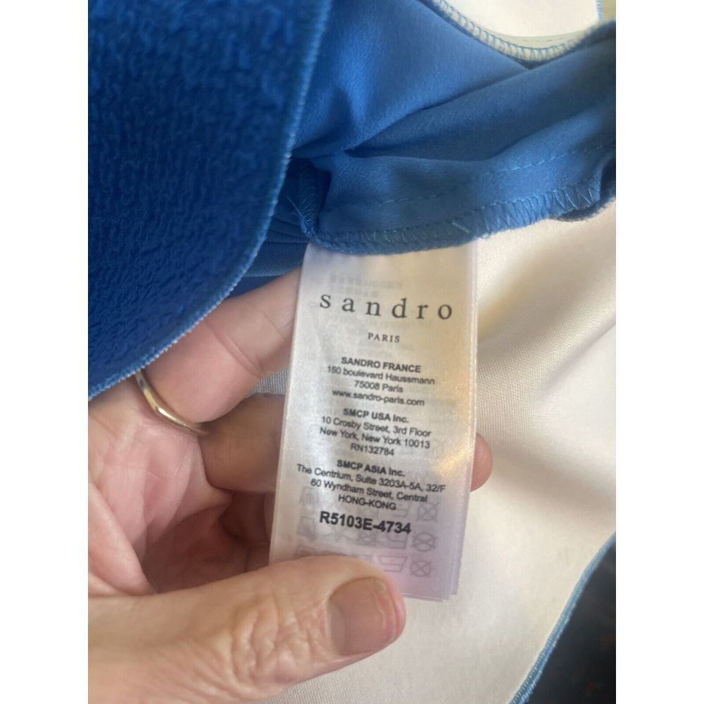 Sandro‎ Paris V Neck Fit To Flare Ruffle Dress Bright Blue Textured Size 1 NWT - Picture 14 of 16